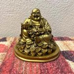 GJ Exclusive Fengshui Laughing Buddha Figurine for Good Luck Sitting on Lucky Coins, Home Decor Showpiece, Made in India (Resin, Multicolor, 14 CM)