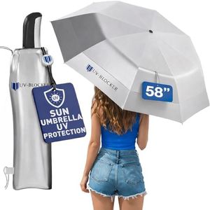 UV-Blocker UV Umbrella Large Folding Umbrella 58 Inch Auto Open Vented Double Canopy Effective Windproof Sun Umbrella UV Protection Blocks 99% of UVA UVB Rays UPF 55+ Protection