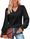 Womens Tops Dressy Casual Sexy,Misyula Cute Puff Long Sleeve Lace Trim V Neck Shirts Stretchy Eyelet Hollow Going Out Top Casual Fall Outfits Business Work Blouses Fashion 2023 Black XL