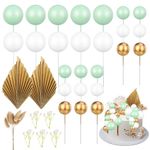 FRIUSATE 40 Pcs Flower Cake Decorations Toppers, Cream Green Gold Cake Decorations Flower Cake Topper Palm Cake Decorations Sage Green Ball Cake Decoration for Baby Shower Birthday Wedding Party Decor