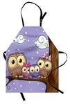 Ambesonne Bird Apron, Cartoon Style Owl Bird Family Mother Father Daughter Son Sitting on a Branch, Unisex Kitchen Bib Apron with Adjustable Neck for Cooking Baking Gardening, Lavender Brown