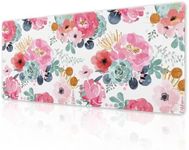 Pink Green Flowers Gaming Mouse Pad XL Cute Watercolor Floral Pretty Extended Desk Pad Trendy Pastel Big Large Mousepad Non-Slip Rubber Base Stitched Edge Long Table Mat for Desktop, 31.5 x 11.8 inch