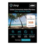 Travel Data Plan Caribbean- Prepaid International eSIM Card 3 GB Internet Data in 5G/4G/LTE (Data tethering Allowed) for Unlocked iPhone and Android. No Extra Charge or Roaming fees. Easy to use.