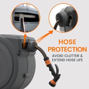 Giraffe Tools Retractable Wall Mounted Hose Reel, 35+2m, 7-in-1 Nozzle, Grey