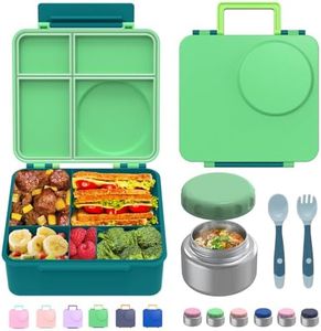 JoyYum Bento Box for Kids - Leak-Proof Bento Lunch Box with Insulated Thermo Food Jar - 4 Compartments, 1 Removable Divider, 1 Spoon, 1 Fork - Dishwasher Safe, BPA-Free (Green)