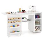 CASART 2-In-1 Folding Sewing Table, Multipurpose Sewing Machine Cabinet with Storage Shelves, 2 Storage Bins and 18 Pegs, Rolling Artwork Craft Table Sewing Workstation Drop Leaf Table, White