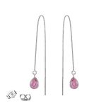 Hot Pink CZ Tear Drop Threader Earrings Long Sterling Silver Chain Tassel, White Rhoium Plating