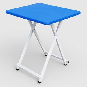MLU Portable Folding Table with X-Frame Stand, Blue Plastic Top with White Metal Legs, Compact Side Table for Living Room, Home and Office