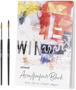 int!rend Papier acrylique Premium, 400 g, bloc DIN A4, 25 feuilles, blanc, collé sur le côté de la tête, bloc pour peinture acrylique, papier à dessin A4 incl.Deux brosses de haute qualité