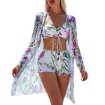 Xumplo Womens 3 Piece Bikini Sets with Long Sleeve Cover Ups Swimming Costume Ladies Floral Print Halter Tops+Bottoms+Cardigan Beachwear Bathing Suits-M