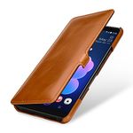 StilGut Book Type Flip Case for HTC U12 Plus/U12+, Genuine Leather HTC U12 Plus Case with Closure & Auto Wake/Sleep Function, Cognac Brown