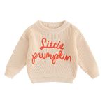 Geagodelia Baby Halloween Knitted Jumper Kids Toddler Boys Girls Pumpkin Letter Embroidered Oversized Knit Sweater Pullover Winter Knitwear Newborn My First Halloween Outfit (Beige, 0-3 Months)