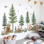 wondever Mountain Tree Wall Stickers Decor for Kids Room Large Pine Tree Forest Animals Bear Deer Peel and Stick Wall Art Decals for Baby Bedroom Nursery