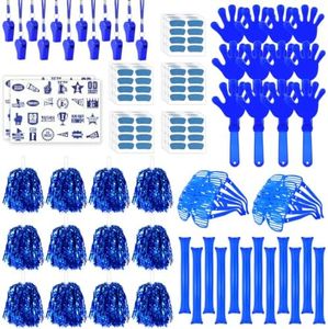 MicMingle 208 Pcs Blue Team Spirit Accessories Kit - Spirit Day Accessories Items Bulk Pom Poms Cheerleading Whistle Thunder Sticks Hand Clappers Shutter Glasses Sticker for Game Day Camp Sports Event
