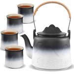 ZENS Vintage Japanese Tea Set, 1000ml Embossed Japanese Teapot with Built-in Strainer for Loose Leaf Tea Brewing, Ceramic Infuser Teapot with 4 Cups and Hemp Rope Handle for Tea Party Women Gifts