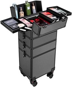 VIVOHOME 4 in 1 Makeup Rolling Train Case Aluminum Trolley Professional Cosmetic Organizer Box with Shoulder Straps 2 Keys Black(Cosmetic are not included)