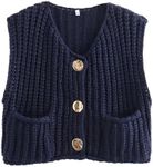 Women Chunky Knit Sweater Vest Crochet Button Down Cute Knit Vest Sleeveless Cardigan with Pockets (Navy Blue, M)