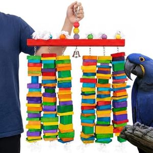 Zephyriel 27.5 in Extra Large Bird Toys Parrot Chew Toy for Macaws African Grey Parrots Cockatoos Amazon Parrots Natural Safe Wooden Block Big Parrot Toy with Bell and Stainless Steel Chain, 4.4LB
