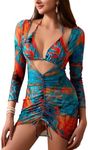 OYOANGLE Women's 3 Piece Swimsuit Tropical Thong Bikini Set Bathing Suit Halter Triangle with Cover Up Dress M Blue Orange