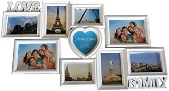 Cornice portafoto, shabby chic, "LOVE FAMILY HOME" in pvc bianco, 9 posti per foto, cm 73,5x31,5