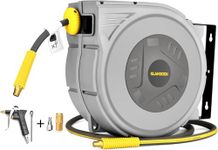 GLAHODEN Enclosed Retractable Air Hose Reel, 3/8in x 65 Ft Hybrid Hose Air Compressor Hose Reel with 6Ft Lead in Max 300PSI Patented Design for Any Length Lock 180°Swivel Bracket Quick Coupler
