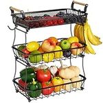 ANTOPY 3 Tier Fruit Basket with 2 Banana Hangers, Countertop Vegetable Bowl for Kitchen Counter Metal Mesh Fruits Stand Produce Holder Organizer Onion Potato Bread Snack Veggie, Black BP209