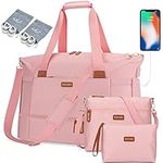 BAGODI Gym Bag for Women, Weekender Overnight Bag with USB Charging Port, Sport Travel Duffel Bag with Wet Pocket & Shoe Compartment, Carry on Tote Bag for Travel/Gym/School 5 Pcs Set