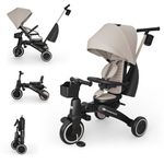 Kinderkraft JAZZ 3 Tricycle Bike, 360° Rotating Seat, Reclining Seat, Foldable Frame, UPF 50+ Canopy, Parent Control Handle, Balance Bike Function, Beige