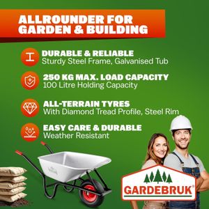 GARDEBRUK Heavy Duty Wheelbarrow 100L – Pneumatic Tyre, 250kg, Steel Rim, Silver/Red