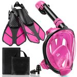 Viginsul Snorkel Set for Adults, Full Face Snorkel Mask and Adjustable Swim Fins, Panoramic View Snorkeling Mask with Dry Top System & Gear Bag, Anti-Leak Anti-Fog (Pink, L/XL mask+S/M fins)