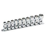 Powerbuilt Universal Socket Set, Metric 10 Piece 3/8 Inch Drive 6 Point, Swivel Head, 360 Degree Rotation, 10mm to 19mm, Storage Rail, 741715