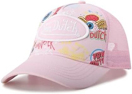 Von Dutch Monogram Trucker Cap - Retro Snapback Cap for Men and Women - Adjustable Snap Fit Panel, Mesh Rear, Curved Bill, Size One Size, Blush Pink