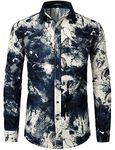 LucMatton Men's Cotton Linen Stylish Floral Long Sleeve Dress Shirt Casual Tie Dye Printed Button Down Slim Fit Shirt White Navy XX-Large