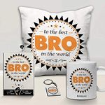 Jhingalala to The Best Bro in The World Printed Cushion Mug Key Chain Greeting Card Combo Gift Pack | Birthday Gift for Brother | Gift for Brother Birthday | Rakshabandhan Gifts for Brother