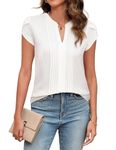 Blooming Jelly Womens Blouses Dressy Causal V Neck Pintuck Short Petal Sleeve Business Tops Ladies Summer 2024 Trendy Shirt, Ivory White, L