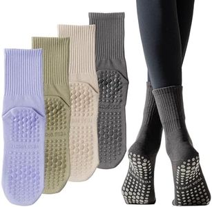 Yoga Pilates Non Slip Grip Socks for Women (4 Pairs) Non Skid Gripper Crew Socks for Yoga Hospital Pilates Barre Home (Cotton, 6)