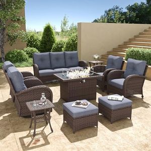 Aeeiua 10 Pieces Wicker Patio Furniture Set with Fire Pit Table, Luxury Outdoor Conversation Set with High Back Swivel Rocker Chairs