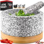 Heavy Duty Mortar and Pestle Set with Bamboo Base, Extra Large 4 Cups, 100% Natural Granite Mortar and Pestle Small Stone Grinder Bowl, Molcajete Bowl, Masher Guacamole Bowls, Polished White