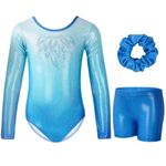 Gogokids Girls Three-Piece Gymnastics Leotards, Long Sleeve Gymnastics Set with Shorts and Hairband, Sparkling Ballet Dancing Unitards - Gymnastics Outfit with Gradient Color Design for 9-10 Years