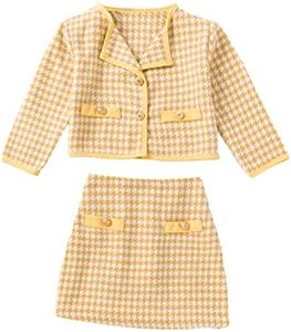 WDIRARA Girl's 2 Piece Houndstooth Outfits Tweed Jacket and Skirt Set Tea Party SuitsYellow 90