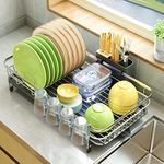 PXRACK Dish Drying Rack, Expandable(12.8"-21.5") Dish Rack with Utensil Holder Cup Holder, Stainless Steel Dish Rack and Drainboard Set for Kitchen Counter, Silver