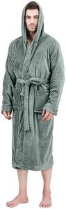 NY Threads Mens Hooded Fleece Robe - Plush Long Bathrobes, Steel Grey, Large-X-Large