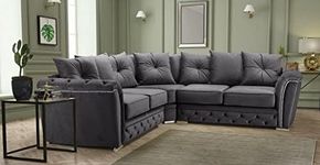 HHI Dark Grey Plush Fabric Corner Sofa For Sale-Sofa Set -large Cheap Corner Sofa-Garden settee - Chesterfield suite Living Rooms Furniture