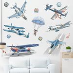 Watercolor Airplane Wall Stickers Airplanes Parachute Astronaut Wall Decals, Planes Wall Art Wallpaper Baby Nursery Kids Bedroom Wall Decor (Airplane Sticker)