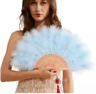 Happy Feather Handheld Marabou Feather Fan, 1920s Vintage Style Flapper Hand Fan for Costume Party and Dancing-Light Blue