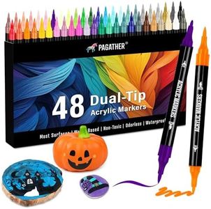 Pagather 48 Colors Acrylic Paint Markers, Dual Tip with Fine Tip and Brush Tip Pens for Stone, Wood, Calligraphy, Canvas, Ceramic, Metal, Glass, Rock Painting, DIY Crafts