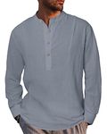 LVCBL Mens Casual Shirts Long Sleeve Linen Shirt Grandpa Collar Henley Shirt Grey M