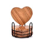 Samhita Acacia Wood Heart Shape Coaster Set of 4 With Iron Holder for Coffee Table Décor Housewarming Gift New Home Kitchen Décor (10.16cm x 10.16cm x 1.27cm)