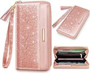 Wallets for Women Pink Glitter Leather Card Holder Organizer Ladies Clutch with Tassel Wristlet Wrist strap