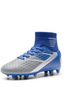 DREAM PAIRS Boys Girls Soccer Cleats Youth Firm Groud Outdoor Sport Athletic High Top Football Shoes for Little/Big Kid,Size 3 Little Kid,Blue/White/Grey,HZ19002K